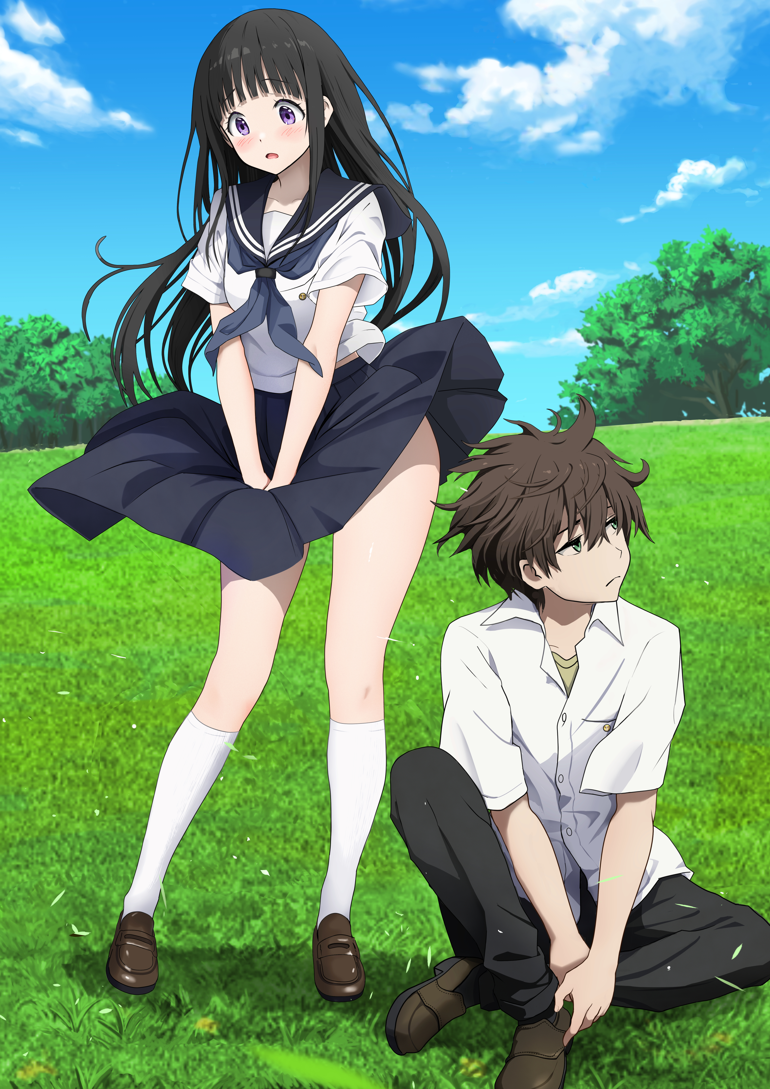gibun (sozoshu), chitanda eru, oreki houtarou, hyouka, absurdres, commentary request, highres, 1boy, 1girl, black hair, black pants, black sailor collar, blue neckerchief, blue sky, blunt bangs, blush, brown hair, brown shoes, cloud, day, full body, grass, kamiyama high school uniform (hyouka), knee up, kneehighs, loafers, long hair, neckerchief, open mouth, outdoors, pants, pleated skirt, purple eyes, sailor collar, school uniform, shirt, shoes, short hair, short sleeves, sitting, skirt, skirt tug, sky, socks, standing, straight hair, summer uniform, white shirt, white socks, wind, wind lift