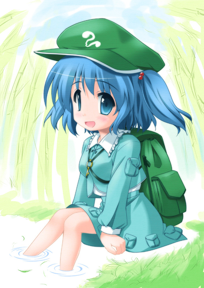 kawashiro nitori, touhou, 1girl, backpack, bag, blue eyes, blue hair, breasts, female focus, grass, hair bobbles, hair ornament, hat, key, matching hair/eyes, open mouth, short hair, sitting, skirt, smile, soaking feet, solo, twintails, two side up, water