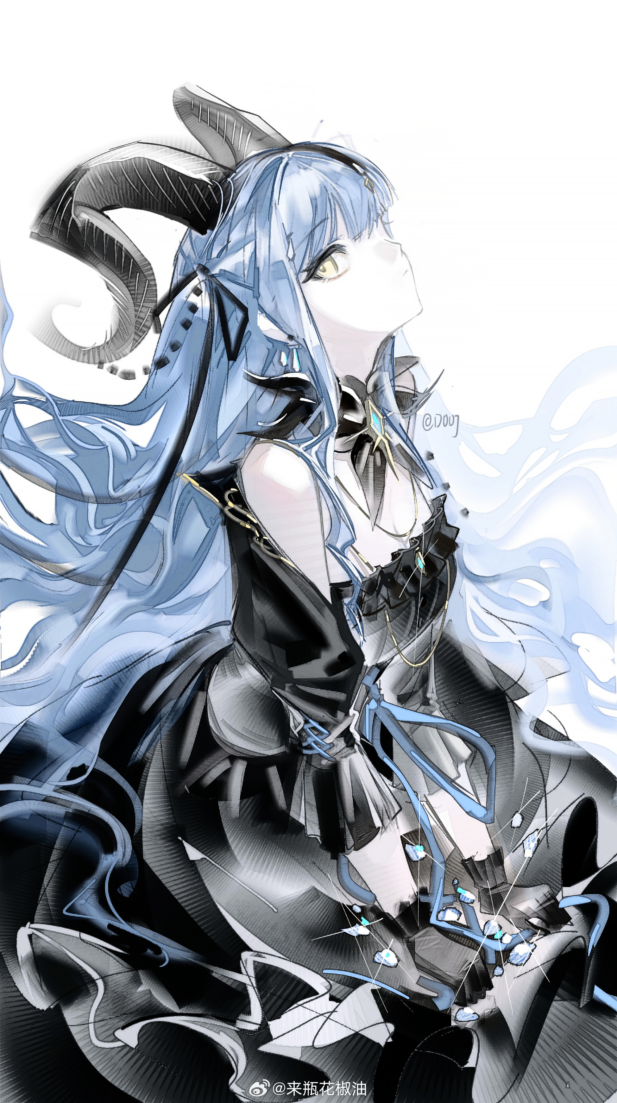 duoj ji, togawa sakiko, togawa sakiko (master of melodia), arknights, bang dream!, bang dream! it's mygo!!!!!, absurdres, chinese commentary, commentary request, highres, 1girl, black dress, black gloves, black horns, black ribbon, blue hair, breasts, cleavage, closed mouth, cowboy shot, curled horns, detached collar, dress, gloves, hair ribbon, horns, jewelry, long hair, looking at viewer, necklace, ribbon, sidelocks, simple background, solo, two side up, watermark, weibo watermark, white background, yellow eyes