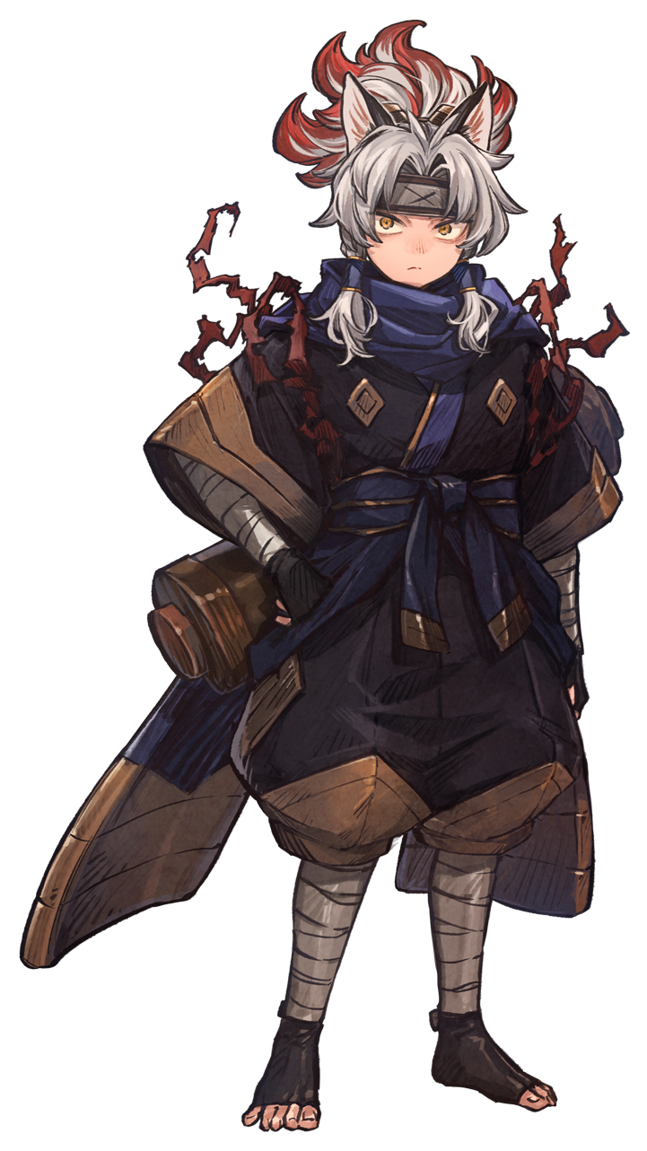 bandai namco, toeless socks, artist request, highres, official art, second-party source, 1boy, animal ears, arm at side, arm wrap, black gloves, black kimono, black pants, black socks, blue sash, blue scarf, closed mouth, fingerless gloves, forehead protector, frown, full body, gloves, hair tubes, hand on own hip, impasto, japanese clothes, kimono, leg wrap, legs apart, looking at viewer, low-tied medium hair, medium hair, multicolored hair, ninja, obi, pants, parted bangs, ponytail, puffy pants, red hair, sanpaku, sash, scarf, scroll, shigin (towa and the guardians of the sacred tree), simple background, socks, solo, split mouth, standing, tasuki, three-quarter sleeves, toenails, toes, towa and the guardians of the sacred tree, transparent background, two-tone hair, white hair, wide sleeves, yellow eyes