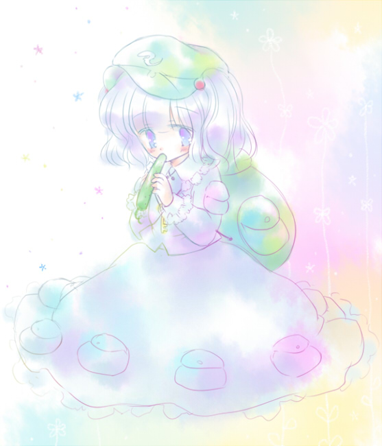 kawashiro nitori, touhou, 1girl, backpack, bag, blue hair, cucumber, dress, female focus, full body, gradient background, hat, pale color, randoseru, solo, two side up, white background