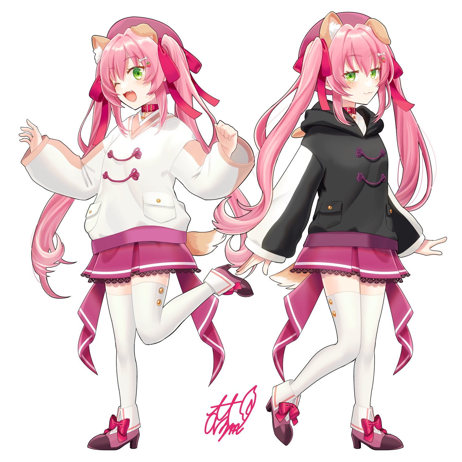 indie virtual youtuber, highres, official art, :3, animal ears, black hoodie, bow, closed mouth, collar, dog ears, dog girl, dog tail, dual persona, fang, footwear bow, green eyes, hair ornament, hair ribbon, hairclip, hat, high heel sneakers, hood, hoodie, inuzuka ichigo, long hair, multicolored hoodie, multicolored shirt, one eye closed, open mouth, orange shirt, pink hair, pink hat, pink skirt, red collar, red ribbon, ribbon, shirt, signature, simple background, skirt, standing, standing on one leg, tail, thighhighs, tt live2 m, twintails, very long hair, virtual youtuber, white background, white hoodie, white shirt, white thighhighs