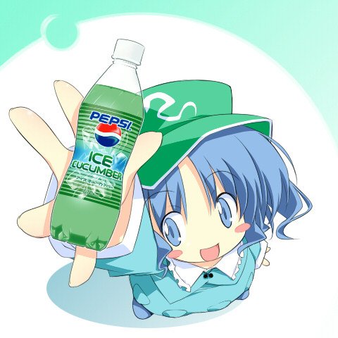asoka, kawashiro nitori, pepsi, touhou, lowres, 1girl, blush stickers, female focus, foreshortening, from above, full body, hat, pepsi ice cucumber, product placement, skirt, smile, soda, solo, standing, two side up, white background