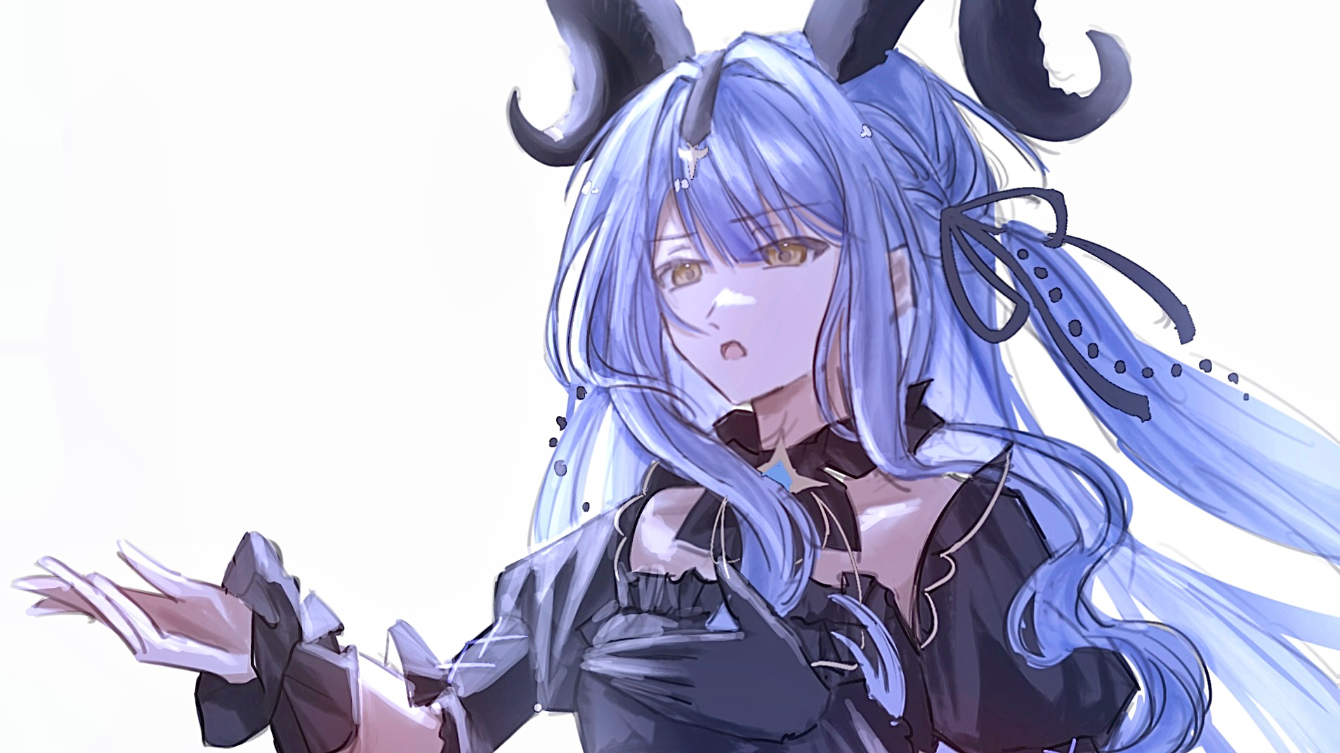 togawa sakiko, togawa sakiko (master of melodia), bang dream!, bang dream! it's mygo!!!!!, commentary, highres, 1girl, black dress, black gloves, black horns, black ribbon, blue hair, curled horns, detached collar, dress, gloves, hair ribbon, hands up, horns, long hair, open mouth, ribbon, sidelocks, simple background, solo, taoze24742, two side up, upper body, white background, wrist cuffs, yellow eyes