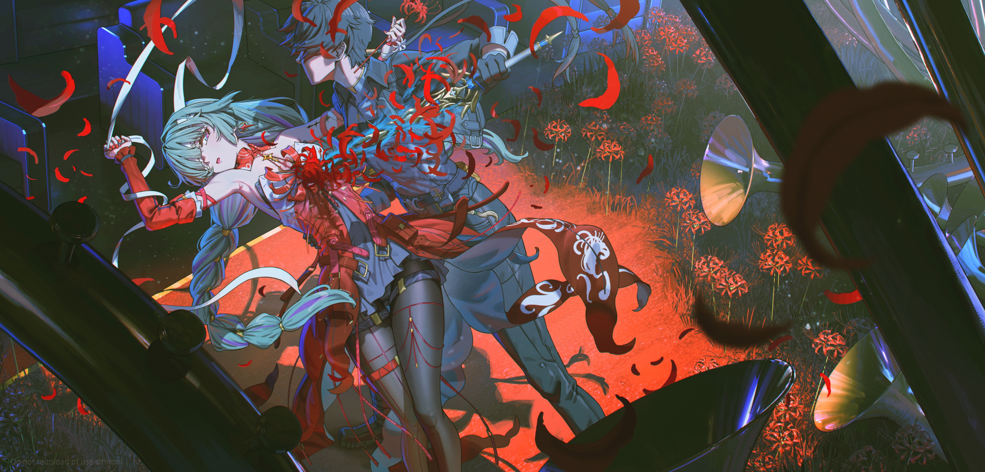 hironii (hironi3), male rover (wuthering waves), phrolova (wuthering waves), rover (wuthering waves), wuthering waves, absurdres, commentary, highres, 1boy, 1girl, bandage over one eye, bare shoulders, black gloves, black hair, black jacket, black pants, black pantyhose, black skirt, braid, breasts, collared jacket, detached sleeves, dress, earrings, feet out of frame, flower, gloves, grey eyes, grey hair, grey shirt, halter dress, halterneck, hand up, holding, holding sword, holding weapon, instrument, jacket, jewelry, long hair, looking at another, low-braided long hair, low-tied long hair, low twin braids, medium breasts, multicolored hair, nail polish, pants, pantyhose, parted lips, red dress, red nails, red petals, shirt, single detached sleeve, skirt, spider lily, streaked hair, sword, trumpet, twin braids, very long hair, weapon