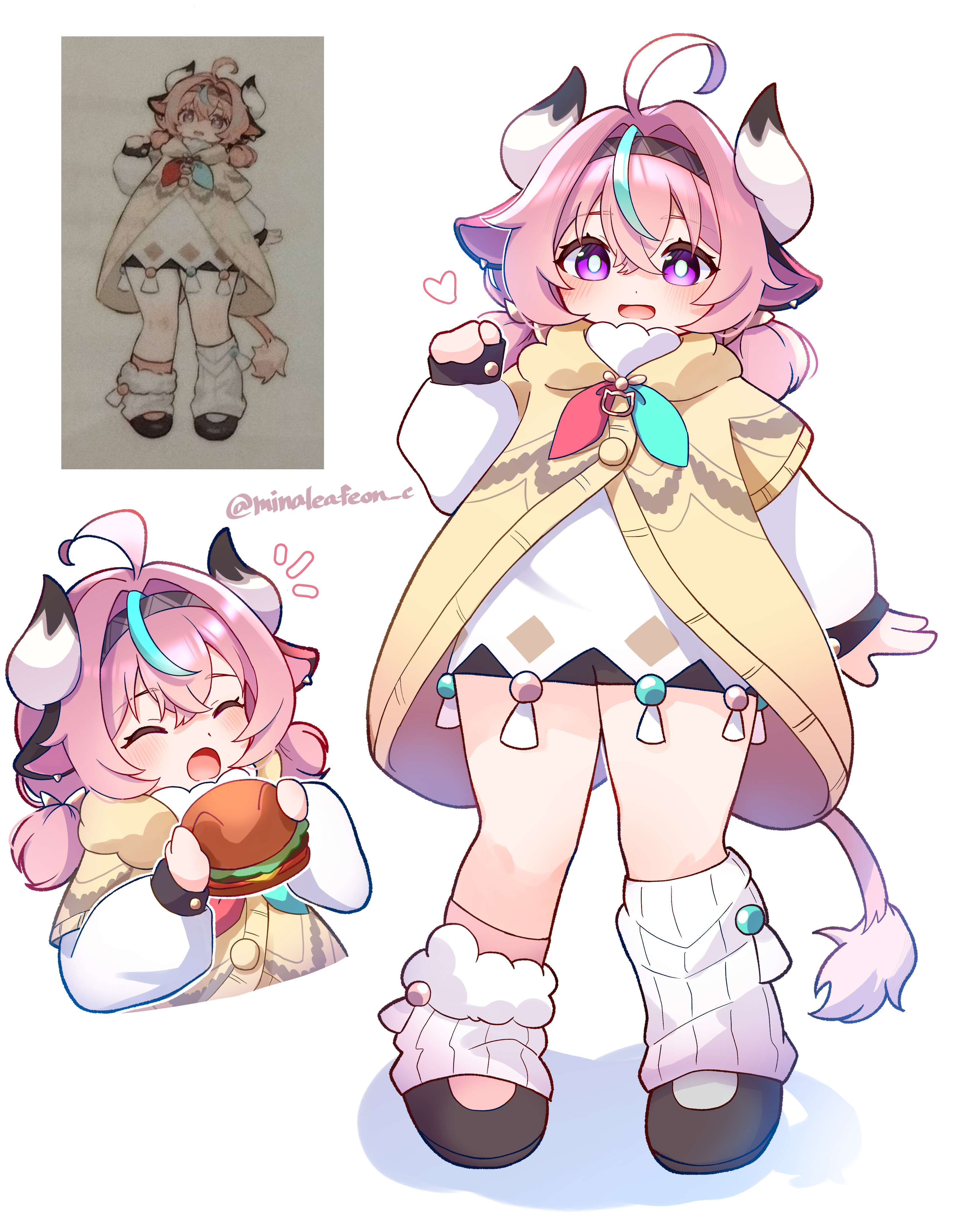 mina (minaleafeon c), varesa (genshin impact), genshin impact, absurdres, highres, 1girl, aged down, ahoge, animal ears, bright pupils, burger, cow ears, cow horns, cow tail, eating, food, heart, holding, holding burger, holding food, horns, leg warmers, pink hair, purple eyes, reference inset, tail, twitter username, white leg warmers, white pupils