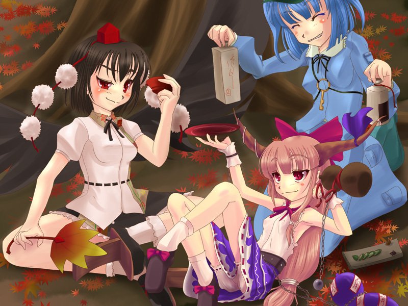 ibuki suika, kawashiro nitori, shameimaru aya, touhou, 3girls, drunk, female focus, geta, hat, multiple girls, tengu-geta, two side up