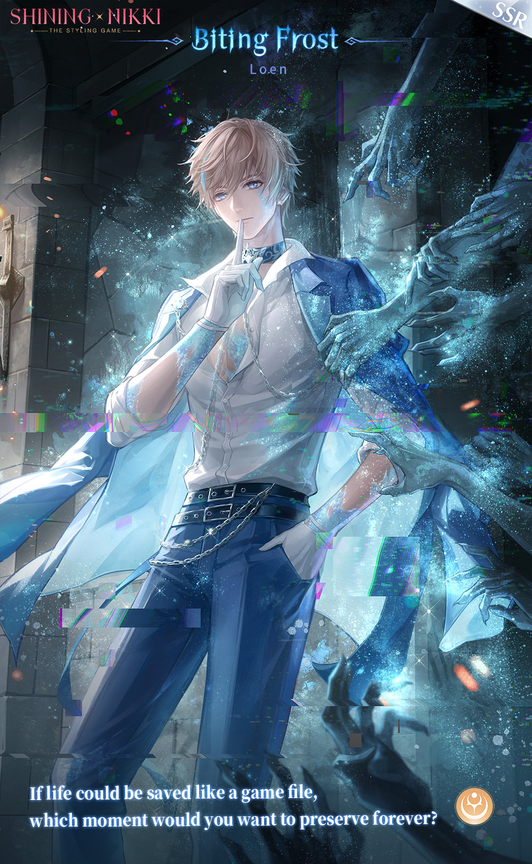 nikki (series), shining nikki, artist request, commentary, english commentary, highres, official art, second-party source, 1boy, belt, belt buckle, black belt, black choker, blonde hair, blue coat, blue eyes, blue pants, buckle, chain belt, character name, choker, closed mouth, coat, coat on shoulders, collared coat, collared shirt, copyright name, disembodied hand, dress pants, english text, expressionless, feet out of frame, finger to mouth, frost, glitch, gloves, grabbing another's arm, hand in pocket, indoors, lapels, light particles, loen (shining nikki), logo, male focus, multiple belts, notched lapels, pants, pectoral cleavage, pectorals, shirt, short hair, solo, three-quarter sleeves, torch, two-sided coat, two-sided fabric, white gloves, white shirt
