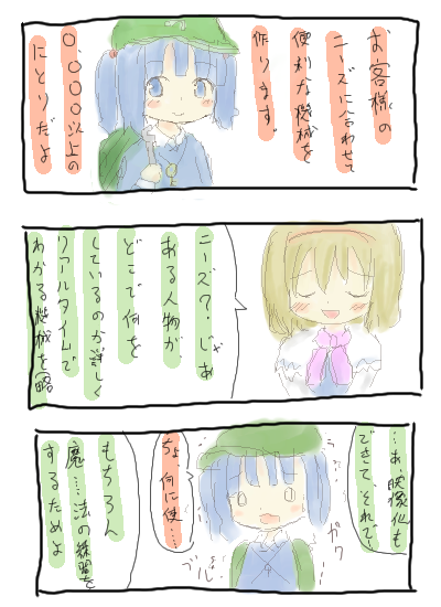 alice margatroid, kawashiro nitori, touhou, translation request, 2girls, :d, blonde hair, blue hair, blunt bangs, closed eyes, comic, female focus, multiple girls, open mouth, short hair, simple background, smile, text focus, two side up, upper body, white background