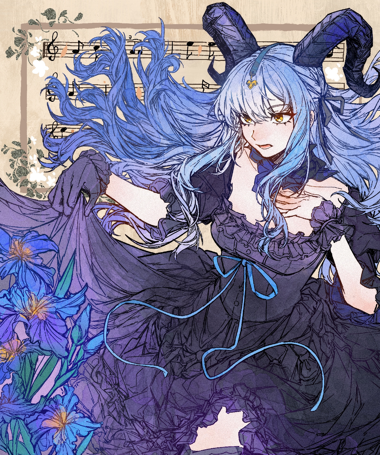 togawa sakiko, togawa sakiko (master of melodia), arknights, bang dream!, bang dream! it's mygo!!!!!, highres, 1girl, black dress, black gloves, black horns, black ribbon, blue flower, blue hair, curled horns, detached collar, dress, floating hair, flower, frilled dress, frills, gloves, hair ribbon, hand on own chest, horns, long hair, musical note, open mouth, ribbon, sheet music, sidelocks, single glove, skirt hold, solo, standing, suan jiao, two side up, wrist cuffs, yellow eyes