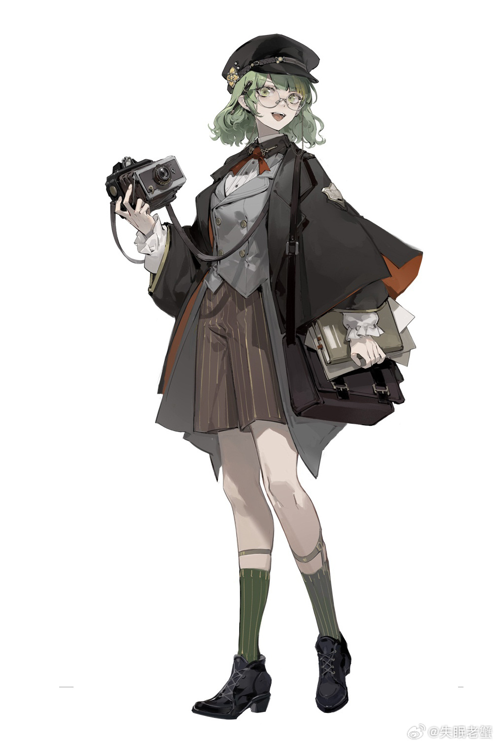 krab (fumekrab), chinese commentary, highres, official art, 1girl, :d, bag, bellows camera, black coat, black hat, black shoes, book, brown bag, brown shorts, buttons, camera, camera around neck, coat, collared shirt, contrast collar, cross-laced shoes, double-breasted, eyewear strap, frilled sleeves, frills, full body, glasses, green hair, green socks, grey vest, hand up, hannah (morimens), hat, hat ornament, holding, holding book, holding camera, holding paper, legwear garter, long sleeves, looking at viewer, looking to the side, medium hair, morimens, neck ribbon, newsboy cap, open clothes, open coat, open mouth, paper, pen, pen behind ear, pinstripe pattern, pinstripe shorts, pinstripe socks, red ribbon, ribbon, round eyewear, satchel, shirt, shoes, shorts, shoulder bag, simple background, smile, socks, solo, standing, striped clothes, striped shorts, striped socks, teeth, upper teeth only, vest, watermark, wavy hair, weibo watermark, white background, white shirt, wide sleeves