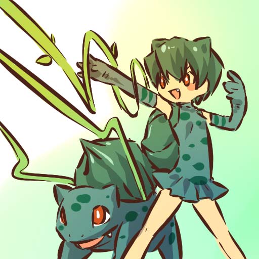 hitec, bulbasaur, fushigidane, moemon, nintendo, pokemon, pokemon rgby, >:), >:d, 1990s (style), 1girl, :d, blush stickers, creature and personification, dress, elbow gloves, fang, gen 1 pokemon, gloves, green hair, open mouth, personification, plant, pokemon (creature), red eyes, retro artstyle, short hair, smile, v-shaped eyebrows, vines