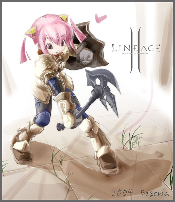 dwarf (lineage 2), lineage, lineage 2, 1girl, armor, axe, dwarf, female focus, heart, pink hair, shield, smile, solo, weapon