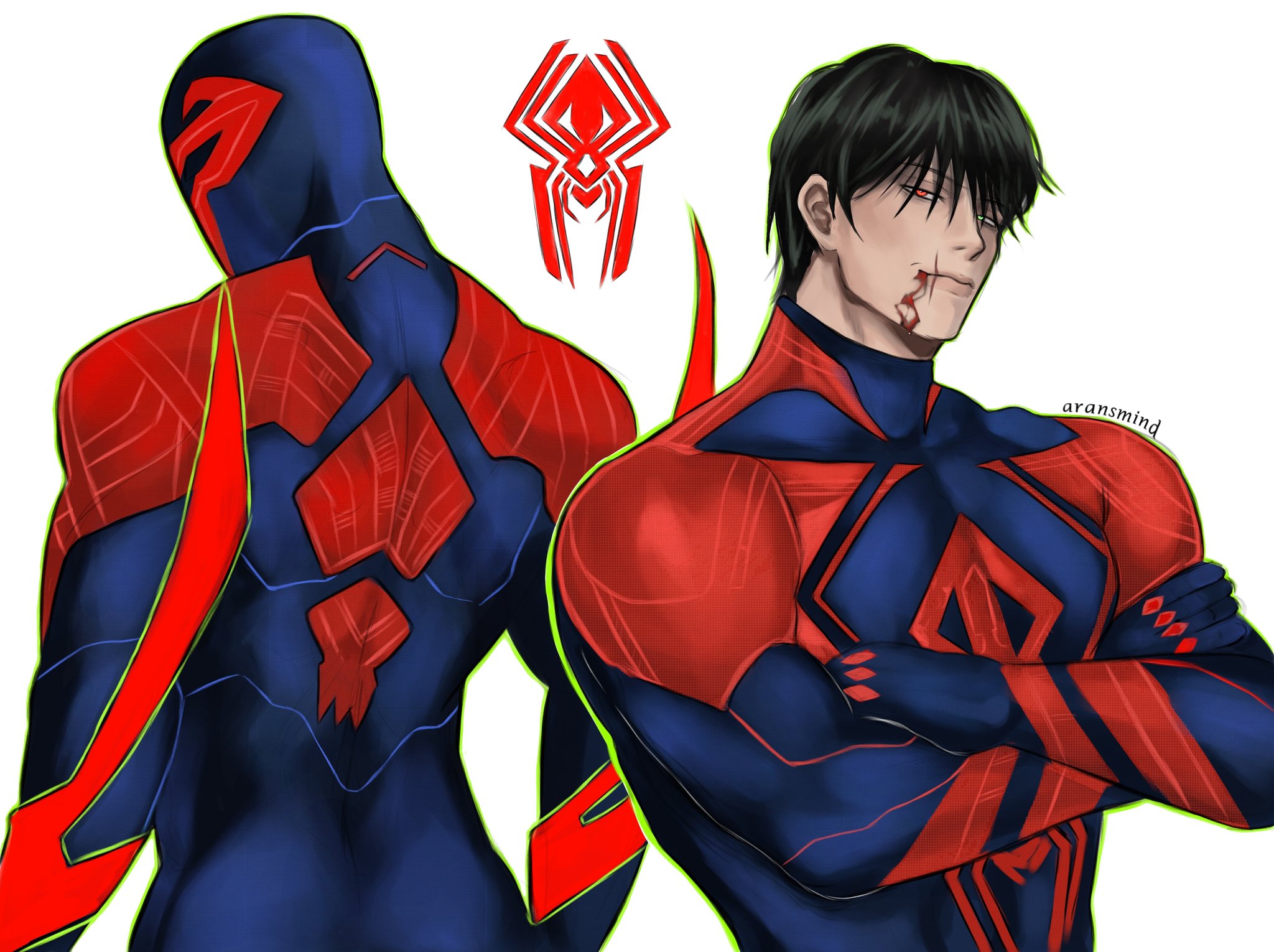 fushiguro touji, miguel o'hara, spider-man (2099), jujutsu kaisen, marvel, spider-man: across the spider-verse, spider-man (series), spider-verse, highres, ibispaint (medium), 1boy, alternate costume, aransmind, artist name, back, black hair, blood, blood from mouth, closed mouth, cosplay, crossed arms, green eyes, green outline, heterochromia, looking at viewer, looking back, male focus, mask, no mask, outline, red eyes, scar on lip, spider-man (2099) (cosplay), twitter username, white background