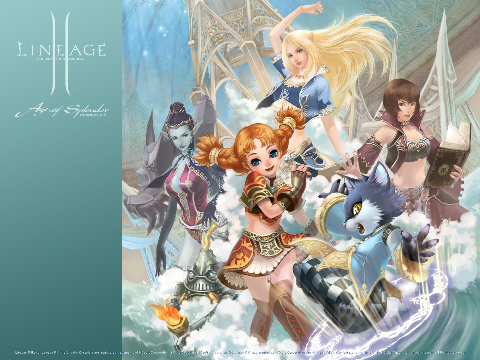 dark elf (lineage 2), dwarf (lineage 2), elf (lineage 2), human (lineage 2), summoner (final fantasy), summoner (lineage), lineage, lineage 2, highres, official art, official wallpaper, 4girls, black hair, blonde hair, book, braid, brown hair, cat, dark elf, dwarf, elf, hume, long hair, magic, midriff, multiple girls, pointy ears, short hair, summoner, twin braids
