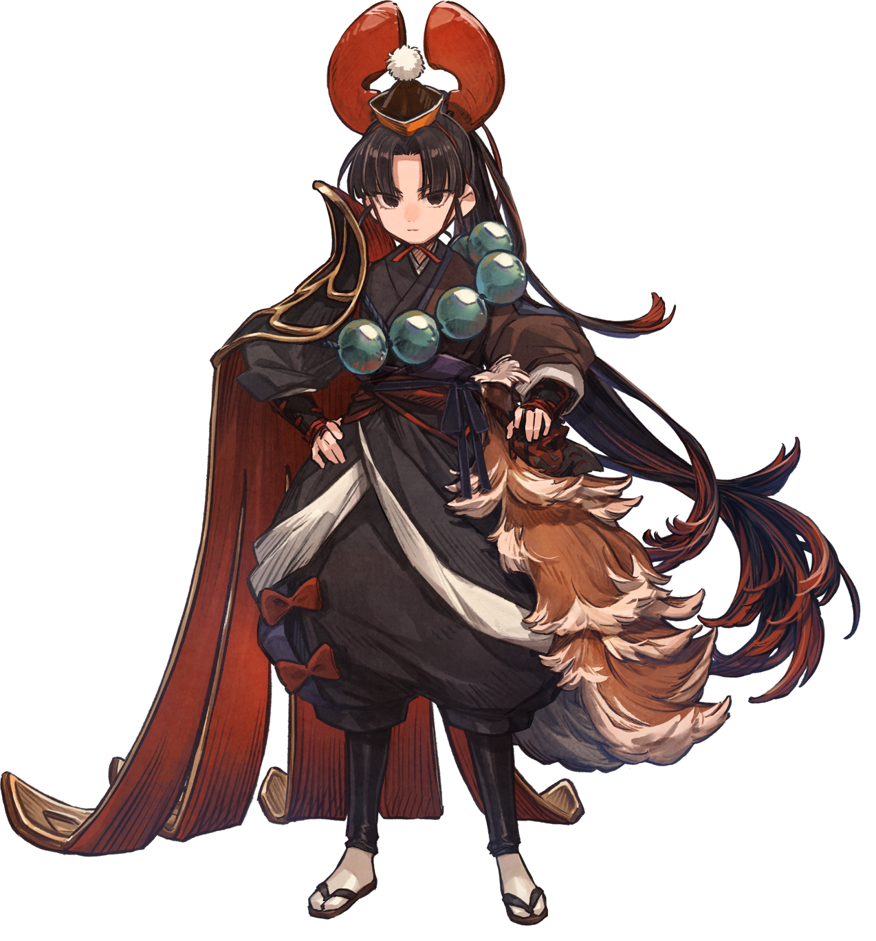 bandai namco, artist request, headwear request, highres, official art, second-party source, 1girl, armor, bag, beads, black armor, black eyes, black hair, black kimono, black leggings, black pants, black sleeves, blunt bangs, bow, brown fur, brown sandals, cape, closed mouth, full body, hand on own hip, hat, holding, holding bag, holding kinchaku, impasto, japanese armor, japanese clothes, kimono, kinchaku, kote, kurokote, leggings, legs apart, long hair, long sleeves, looking at viewer, multicolored hair, obi, obiage, pants, parted bangs, pauldrons, pom pom (clothes), pom pom hat ornament, pouch, puffy pants, red bag, red bow, red hair, red hat, red sash, rekka (towa and the guardians of the sacred tree), sandals, sash, shoulder armor, simple background, single pauldron, single shoulder pad, socks, solo, split mouth, straight hair, string bra, tabi, tachi-e, towa and the guardians of the sacred tree, transparent background, tsurime, two-sided cape, two-sided fabric, two-tone hair, very long hair, white socks, zouri