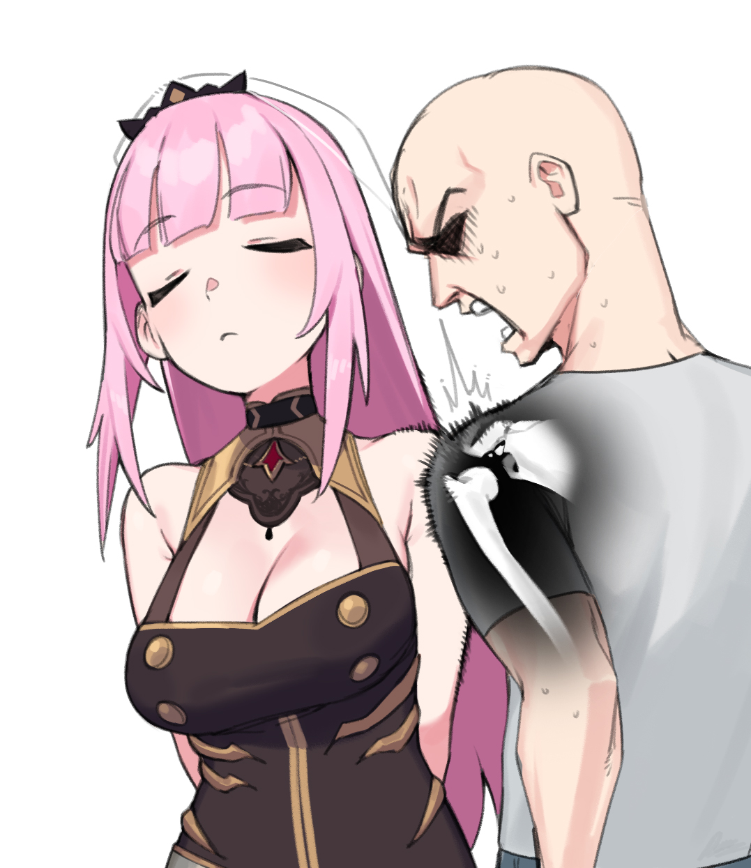 dasdokter, mori calliope, hololive, hololive english, commentary, derivative work, english commentary, highres, 1boy, 1girl, blunt bangs, blush, bone, breasts, broken bone, bumping, cleavage, closed eyes, dress, long hair, medium breasts, open mouth, pink hair, shirt, sweat, t-shirt, tiara, virtual youtuber, x-ray