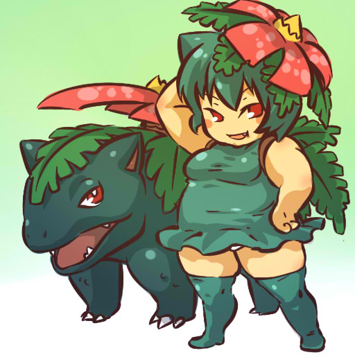 hitec, venusaur, moemon, nintendo, pokemon, pokemon rgby, 1990s (style), 1girl, :t, blush stickers, breasts, creature and personification, dress, elbow gloves, fang, fangs, flower, gen 1 pokemon, gloves, green hair, hair flower, hair ornament, hand on own hip, hip focus, leaf, medium breasts, open mouth, panties, pantyshot, personification, plump, pokemon (creature), red eyes, retro artstyle, sexual dimorphism, smile, thighhighs, underwear