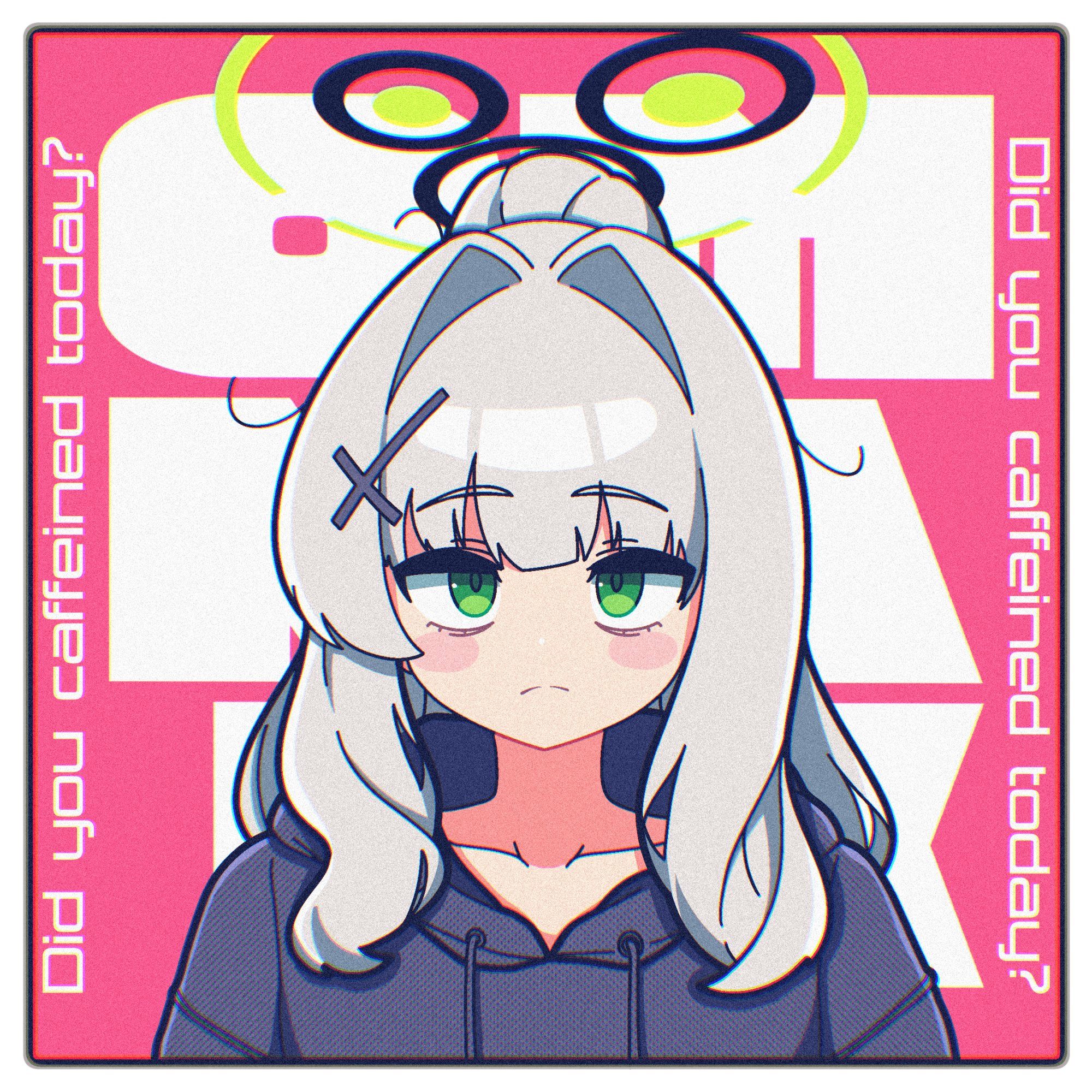 hrna, hare (blue archive), blue archive, highres, 1girl, black hoodie, chromatic aberration, closed mouth, collarbone, cross hair ornament, english text, frown, green eyes, green halo, grey hair, hair intakes, hair ornament, halo, hood, hood down, hooded jacket, hoodie, jacket, long hair, pink background, ponytail, solo
