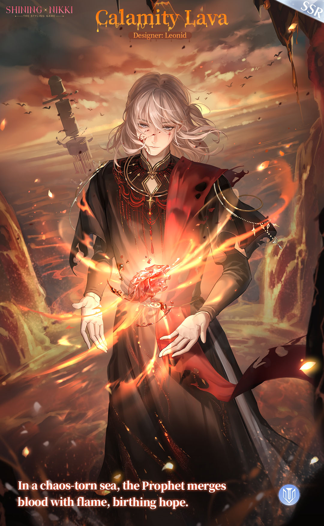 nikki (series), shining nikki, artist request, commentary, english commentary, highres, official art, second-party source, 1boy, black hanfu, black sleeves, blood, blood on face, burnt clothes, character name, chinese clothes, cloud, copyright name, detached sleeves, embers, english text, expressionless, feet out of frame, fire, floating hair, glowing, grey hair, hanfu, layered sleeves, leonid (shining nikki), light particles, logo, long sleeves, male focus, marking on cheek, medium hair, object floating above hand, ocean, orange sky, outdoors, petals, red sash, ruins, sash, short over long sleeves, short sleeves, sky, solo, sun, sunset
