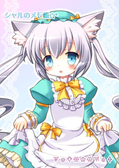akino sakura, emil chronicle online, 1girl, animal ears, apron, blue eyes, cat ears, cat girl, dress, frilled dress, frilled hat, frills, green dress, green hat, hat, long hair, maid, maid apron, neck ribbon, nekomata sharu, open mouth, ribbon, skirt hold, solo, twintails, white apron, white hair, yellow ribbon
