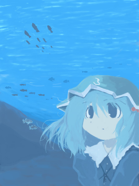 kawashiro nitori, touhou, bad id, bad pixiv id, 1girl, blue hair, blue hat, closed mouth, dot mouth, female focus, fish, hat, solo, two side up, underwater, upper body