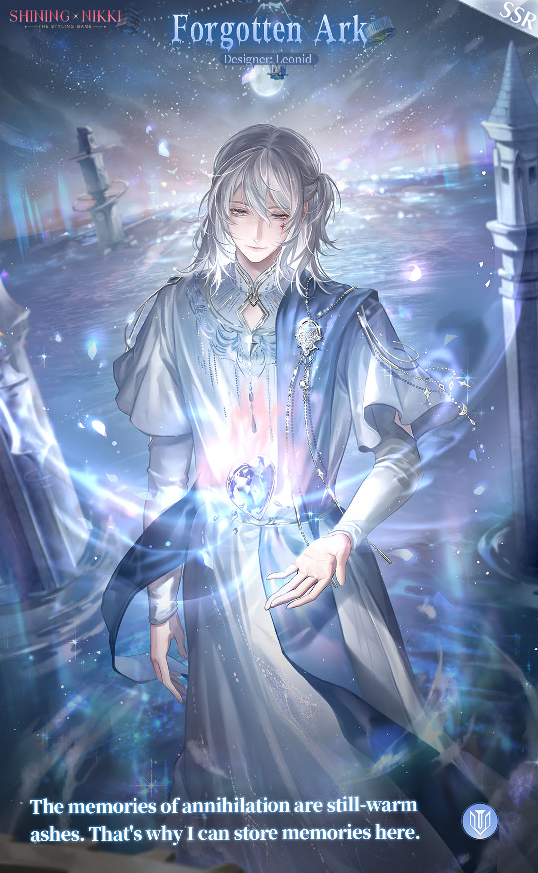 nikki (series), shining nikki, artist request, commentary, english commentary, highres, official art, second-party source, 1boy, blue shawl, character name, chinese clothes, closed mouth, cloud, copyright name, detached sleeves, english text, feet out of frame, full moon, gem, glowing, grey eyes, grey hair, hair between eyes, hanfu, happy, layered sleeves, leonid (shining nikki), light particles, lips, logo, long sleeves, looking at object, male focus, mandarin collar, marking on cheek, medium hair, moon, night, night sky, ocean, outdoors, palms, petals, ruins, shawl, short over long sleeves, short sleeves, sky, smile, solo, star (sky), starry sky, white hanfu, white sleeves