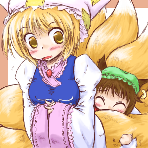 chen, yakumo ran, touhou, lowres, 2girls, animal ears, animal hat, blonde hair, brown hair, cat ears, cat girl, cat tail, earrings, female focus, fox tail, hands in opposite sleeves, hat, hugging another's tail, hugging tail, jewelry, long sleeves, mob cap, multiple girls, multiple tails, short hair, single earring, tail, wide sleeves, yellow eyes
