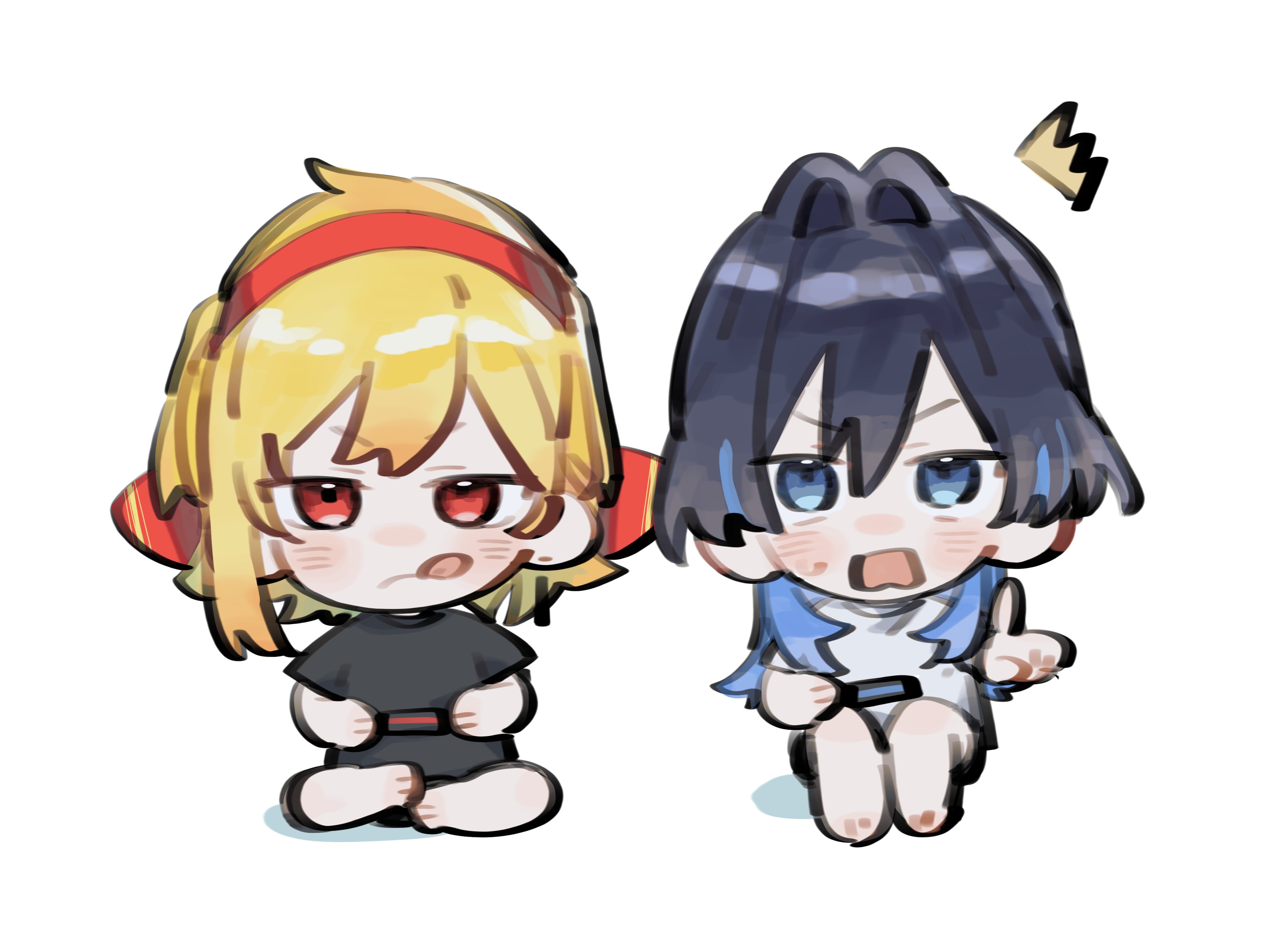 yori 171018, kaela kovalskia, ouro kronii, hololive, hololive english, hololive indonesia, absurdres, highres, 2girls, :q, blonde hair, blue eyes, blue hair, chibi, chibi only, colored inner hair, hair intakes, headband, long hair, multicolored hair, multiple girls, open mouth, red eyes, red headband, short hair, surprised, tongue, tongue out