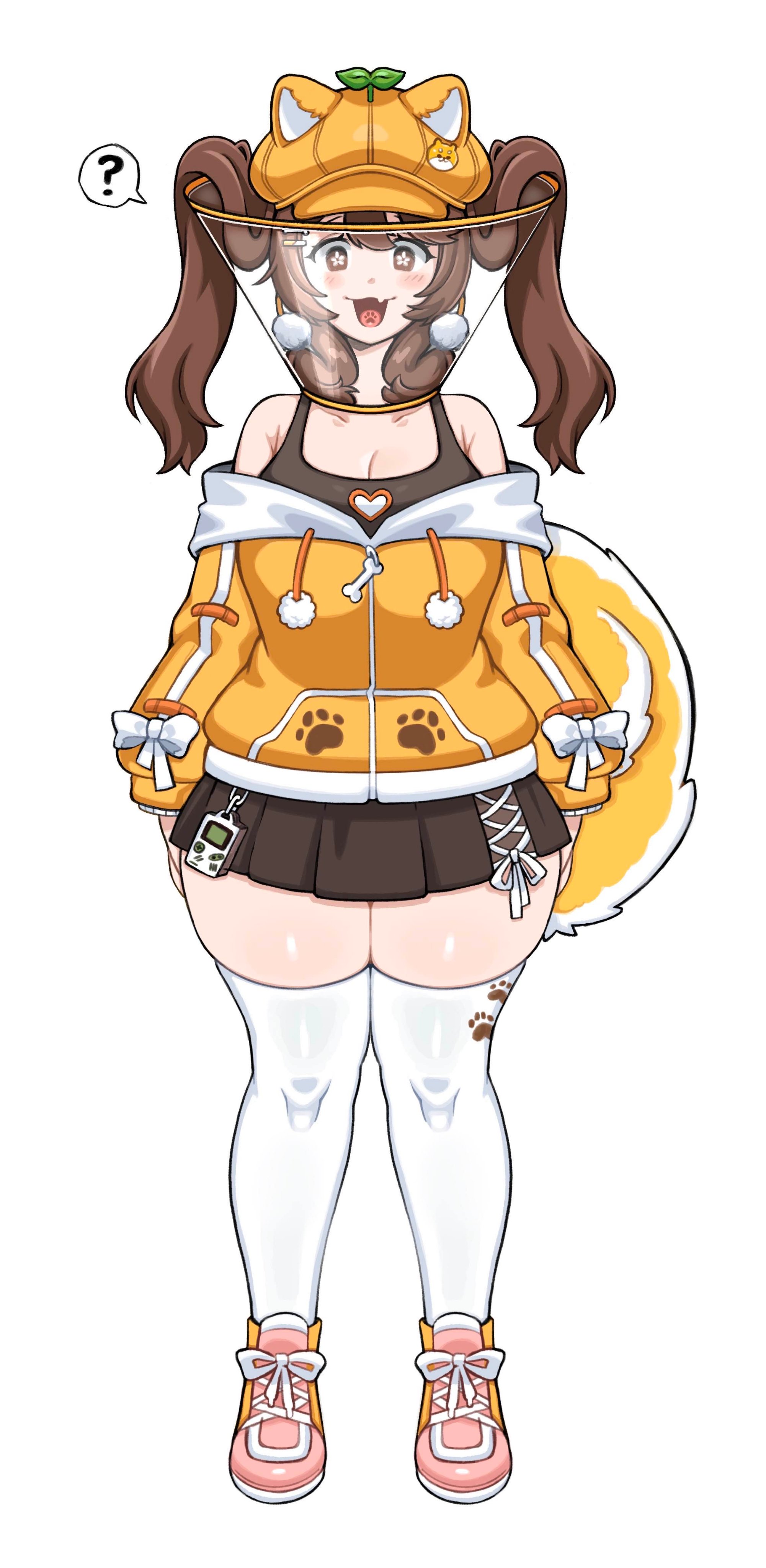 paperrose, aki orange, indie virtual youtuber, absurdres, commentary, commission, english commentary, highres, 1girl, ?, animal ears, blush, breasts, bright pupils, brown eyes, brown hair, cleavage, fake animal ears, flower-shaped pupils, full body, game boy, hair ornament, handheld game console, hat, long hair, long sleeves, looking at viewer, newsboy cap, off shoulder, open mouth, orange hat, pet cone, pom pom (clothes), simple background, solo, speech bubble, spoken question mark, sprout on head, straight-on, symbol-shaped pupils, thick thighs, thighhighs, thighs, twintails, virtual youtuber, white background, white pupils, yellow tail