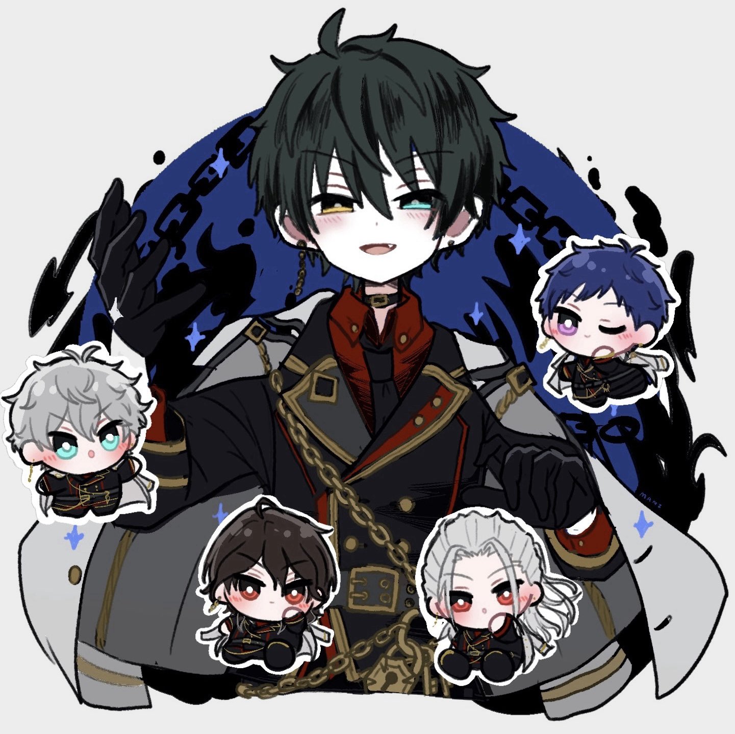 fushimi yuzuru, kagehira mika, ran nagisa, sakuma rei (ensemble stars!), sena izumi (ensemble stars!), ensemble stars!, commentary, highres, 5boys, :o, belt buckle, black choker, black gloves, black hair, blue eyes, blue hair, bright pupils, buckle, cascade of… (ensemble stars!), chain, choker, closed mouth, collared shirt, earrings, gloves, grey hair, hand up, heterochromia, jewelry, lapels, long hair, long sleeves, looking at viewer, male focus, mani (pukakaka09), mismatched earrings, multiple boys, notched lapels, official alternate costume, one eye closed, open mouth, orange eyes, purple eyes, red eyes, shirt, short bangs, short hair, white pupils