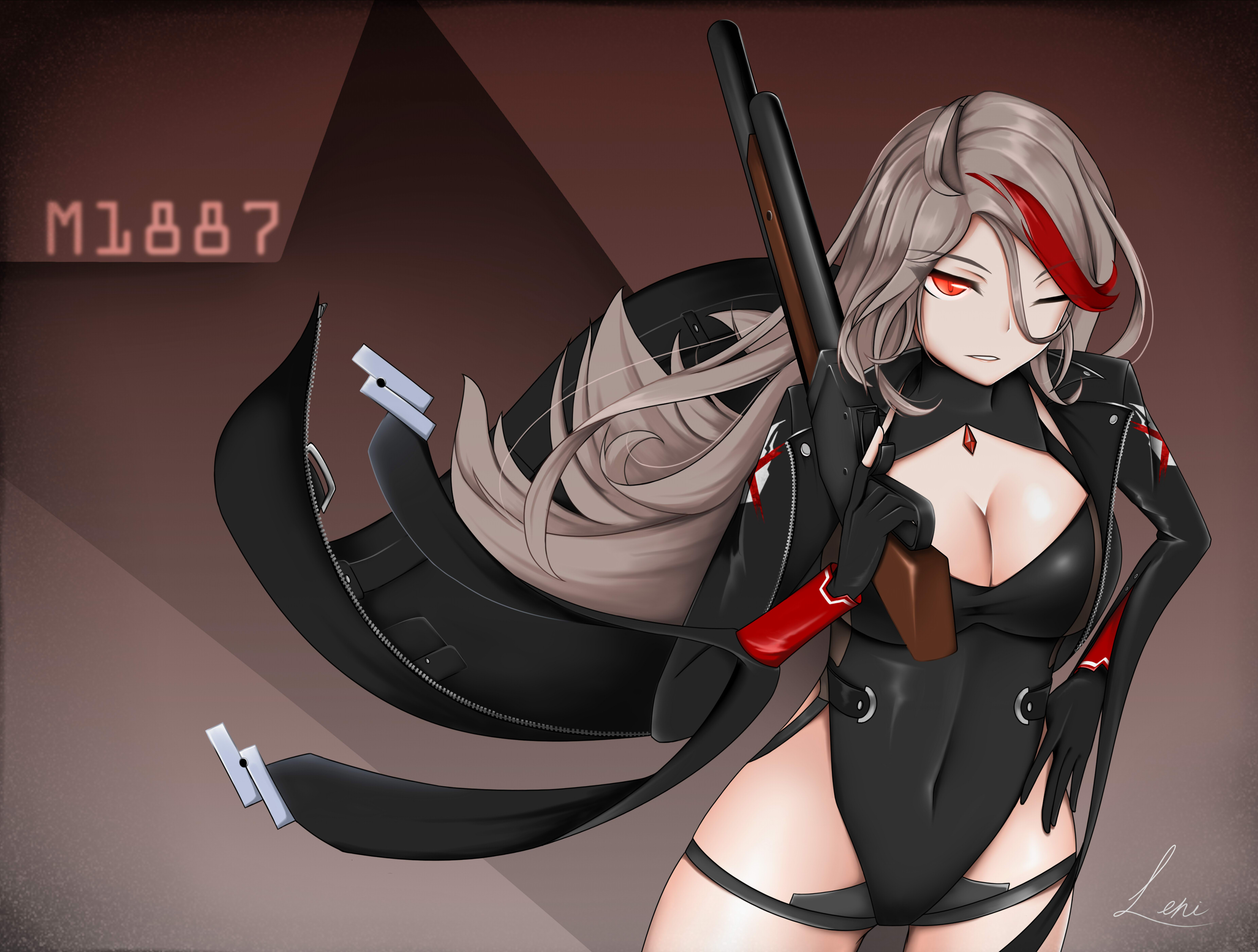 m1887 (girls' frontline), girls' frontline, absurdres, highres, 1girl, black socks, breasts, gun, leni1995, long hair, long sleeves, multicolored hair, one eye closed, open mouth, red eyes, socks, solo, standing, weapon