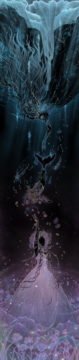 nikki (series), shining nikki, commentary, english commentary, long image, tall image, 2girls, bare shoulders, black background, black dress, closed mouth, dress, expressionless, falling, flower, flower hat, frost (frostlikenikki), gown, hat, jellyfish, light particles, long dress, long hair, multiple girls, outstretched arm, pink dress, pink flower, pink hat, reaching, short hair, silhouette, standing, strapless, strapless dress, vast blossom (shining nikki), very long hair, wavy hair, whales toward sea (shining nikki)