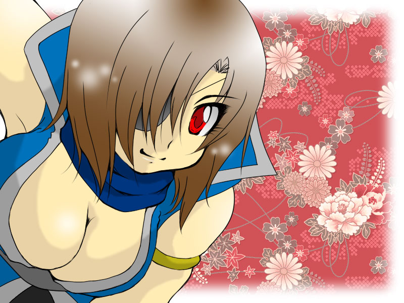date masamune (sengoku basara), sengoku basara, sengoku musou, 00s, 1girl, armlet, bare shoulders, blue scarf, blush, breasts, brown hair, cleavage, eyepatch, female focus, genderswap, genderswap (mtf), jewelry, looking at viewer, medium breasts, red eyes, scarf, short hair, smile, solo, vest