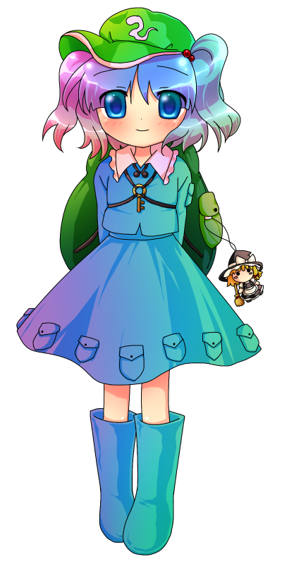 sakurano, kawashiro nitori, kirisame marisa, touhou, 1girl, backpack, bag, blue dress, blue eyes, blue hair, boots, cameo, character doll, doll, dress, female focus, flat cap, full body, hat, looking at viewer, matching hair/eyes, randoseru, rubber boots, short hair, solo, standing, two side up