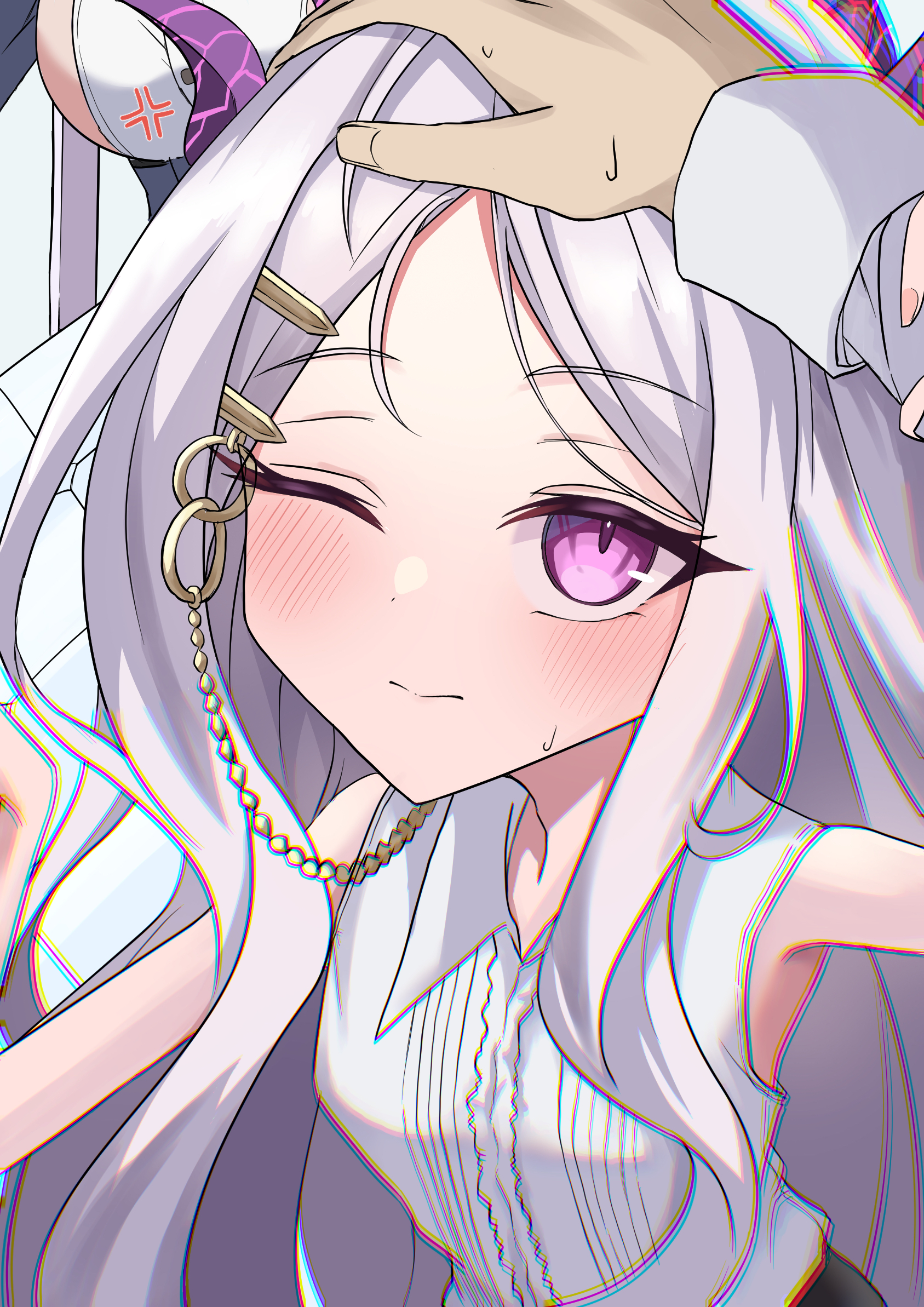 pinnyonn0375, ako (blue archive), hina (blue archive), sensei (blue archive), blue archive, commentary, highres, 1girl, 2girls, anger vein, blush, breasts, demon girl, demon horns, forehead, holding another's wrist, horns, large breasts, long hair, multiple girls, one eye closed, parted bangs, pov, pov hands, purple eyes, small breasts, upper body, very long hair, white hair