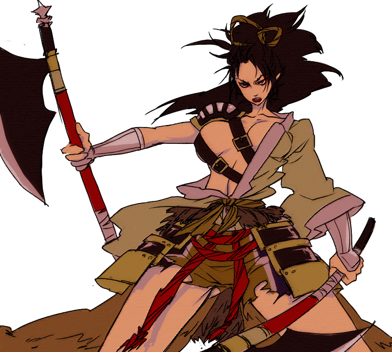 egawa satsuki, shibata katsuie, sengoku musou, sengoku musou 2, 1girl, armor, axe, belt, bow, bracer, breasts, breasts apart, female focus, genderswap, genderswap (mtf), japanese armor, japanese clothes, katsuie shibata, kimono, kote, kusazuri, large breasts, no bra, open clothes, open kimono, samurai, simple background, solo, torn clothes, warrior, weapon, white background