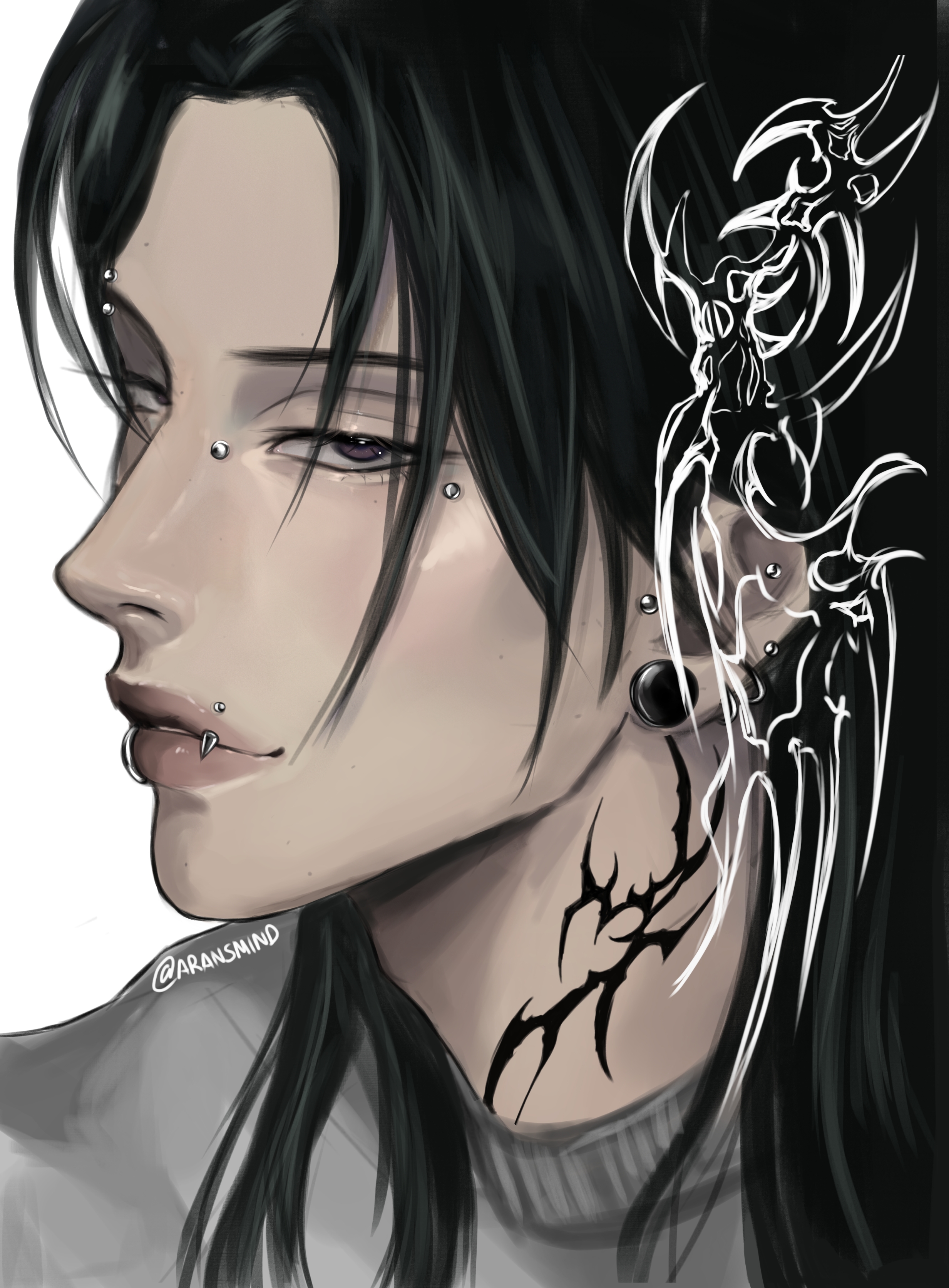 getou suguru, jujutsu kaisen, absurdres, highres, ibispaint (medium), 1boy, aransmind, black hair, cyber sigilism, eye piercing, eyebrow piercing, face piercing, grey sweater, lip piercing, looking at viewer, medium hair, mole, multiple moles, neck tattoo, nose piercing, parted lips, piercing, plug (piercing), profile, purple eyes, simple background, solo, sweater, tattoo, twitter username, white background