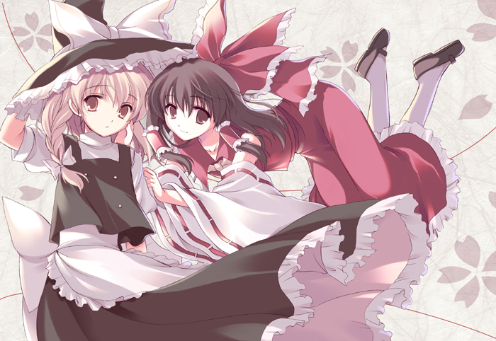 odawara hakone, hakurei reimu, kirisame marisa, touhou, 2girls, blonde hair, female focus, hat, japanese clothes, long hair, miko, multiple girls, odawara hakone (pixiv 227274), ribbon, skirt