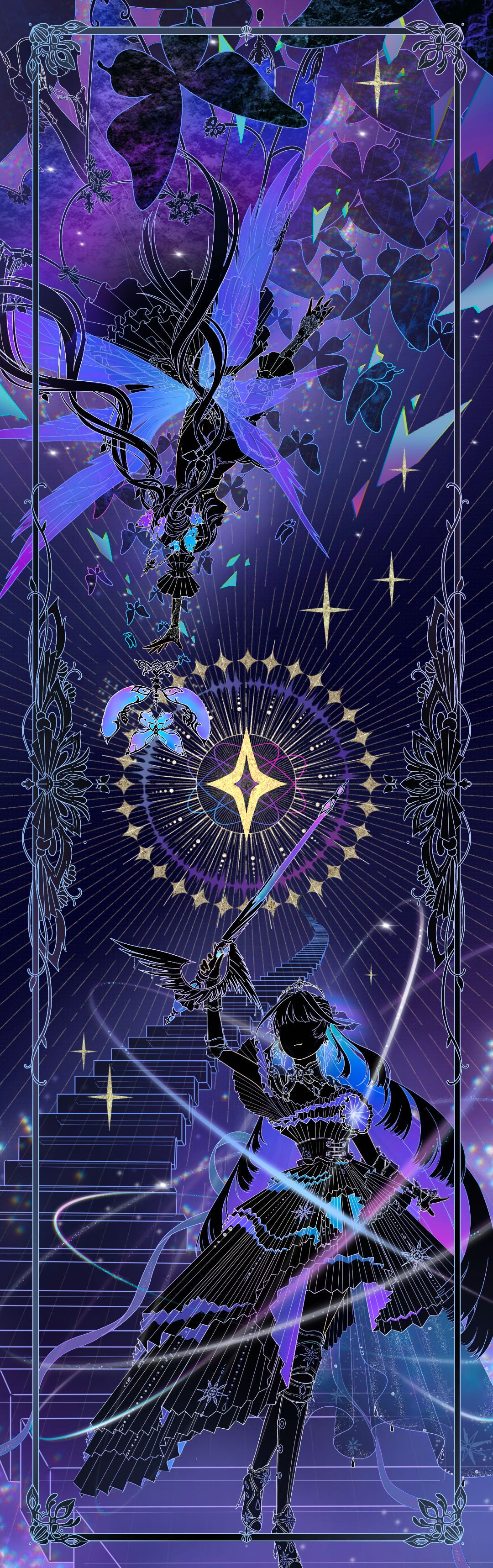 nikki (series), shining nikki, absurdres, commentary, english commentary, highres, 2girls, arm up, black dress, black skin, blue wings, bug, butterfly, closed mouth, colored inner hair, colored skin, dress, faceless, faceless female, fairy wings, floating hair, from behind, frost (frostlikenikki), gradient wings, high heels, holding, holding sword, holding weapon, insect, knee pads, multicolored hair, multicolored wings, multiple girls, picture frame, purple background, purple wings, reaching, short dress, sparkle, stairs, stone of a neon dream (shining nikki), stone of a rainbow song (shining nikki), strapless, strapless dress, striped clothes, striped dress, sword, thighhighs, twintails, upside-down, vertical-striped clothes, vertical-striped dress, weapon, wings