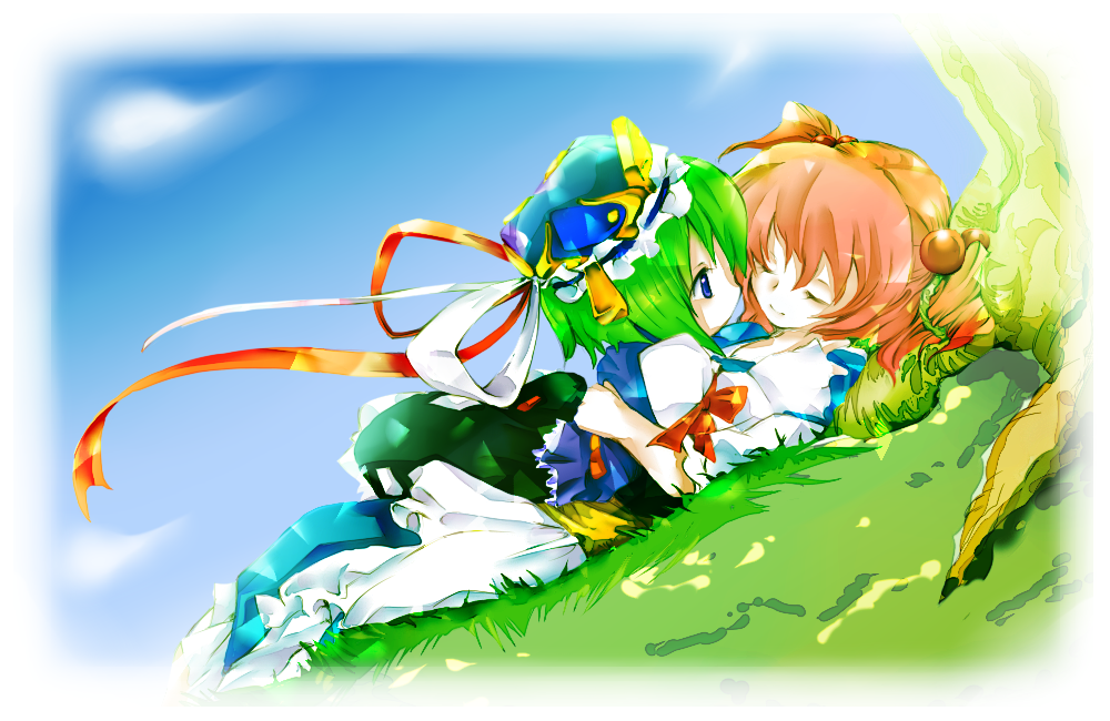 aoi mitsuru, onozuka komachi, shiki eiki, touhou, 2girls, dutch angle, female focus, girl on top, grass, green hair, hair bobbles, hair ornament, hat, hug, lying, multiple girls, red hair, ribbon, short hair, sleeping, tree, yuri