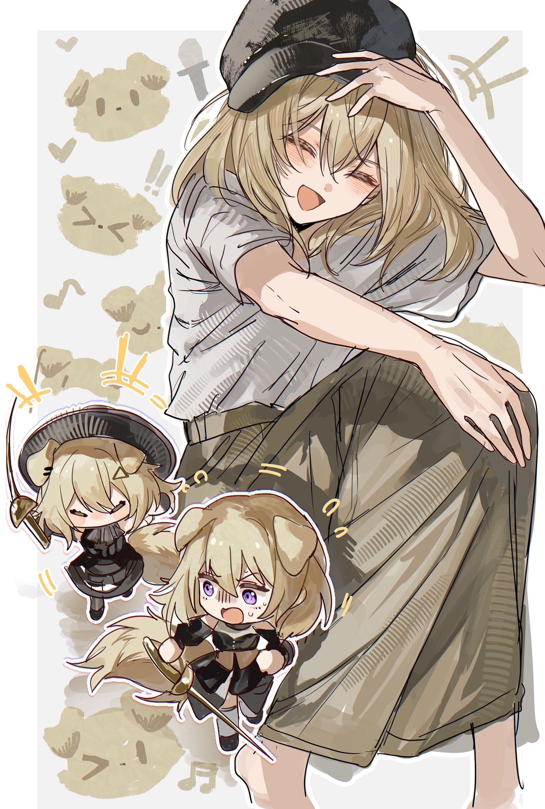 zuo daoxing, doloris (bang dream!), misumi uika, misumi uika (caged singer), arknights, bang dream!, bang dream! it's mygo!!!!!, absurdres, chinese commentary, commentary request, highres, > <, 3girls, animal ears, ascot, baseball cap, black ascot, black dress, black hat, blonde hair, border, brown skirt, chibi, closed eyes, dog, dog ears, dog girl, dress, feet out of frame, flying sweatdrops, grey background, hair between eyes, hand on own head, hat, heart, holding, holding sword, holding weapon, kemonomimi mode, knees up, looking at another, looking back, medium hair, multiple girls, multiple persona, musical note, open mouth, outside border, purple eyes, rapier, running, shirt, sitting, skirt, sword, tail, weapon, white border, white shirt