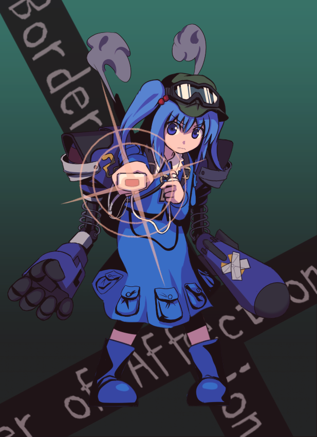 tori rui, kawashiro nitori, touhou, 1girl, english text, female focus, game console, goggles, mechanical arm, mechanical arms, nobiiru arm, single mechanical arm, solo, two side up, wii