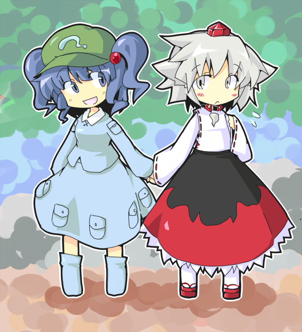 inubashiri momiji, kawashiro nitori, mountain of faith, touhou, bad id, bad pixiv id, 2girls, animal ears, blue eyes, blue hair, blush, boots, female focus, geta, grey eyes, hair bobbles, hair ornament, hat, holding hands, japanese clothes, multiple girls, okobo, open mouth, platform sandals, red eyes, sandals, short hair, skirt, skirt set, smile, tokin hat, twintails, two side up, white hair, wolf ears