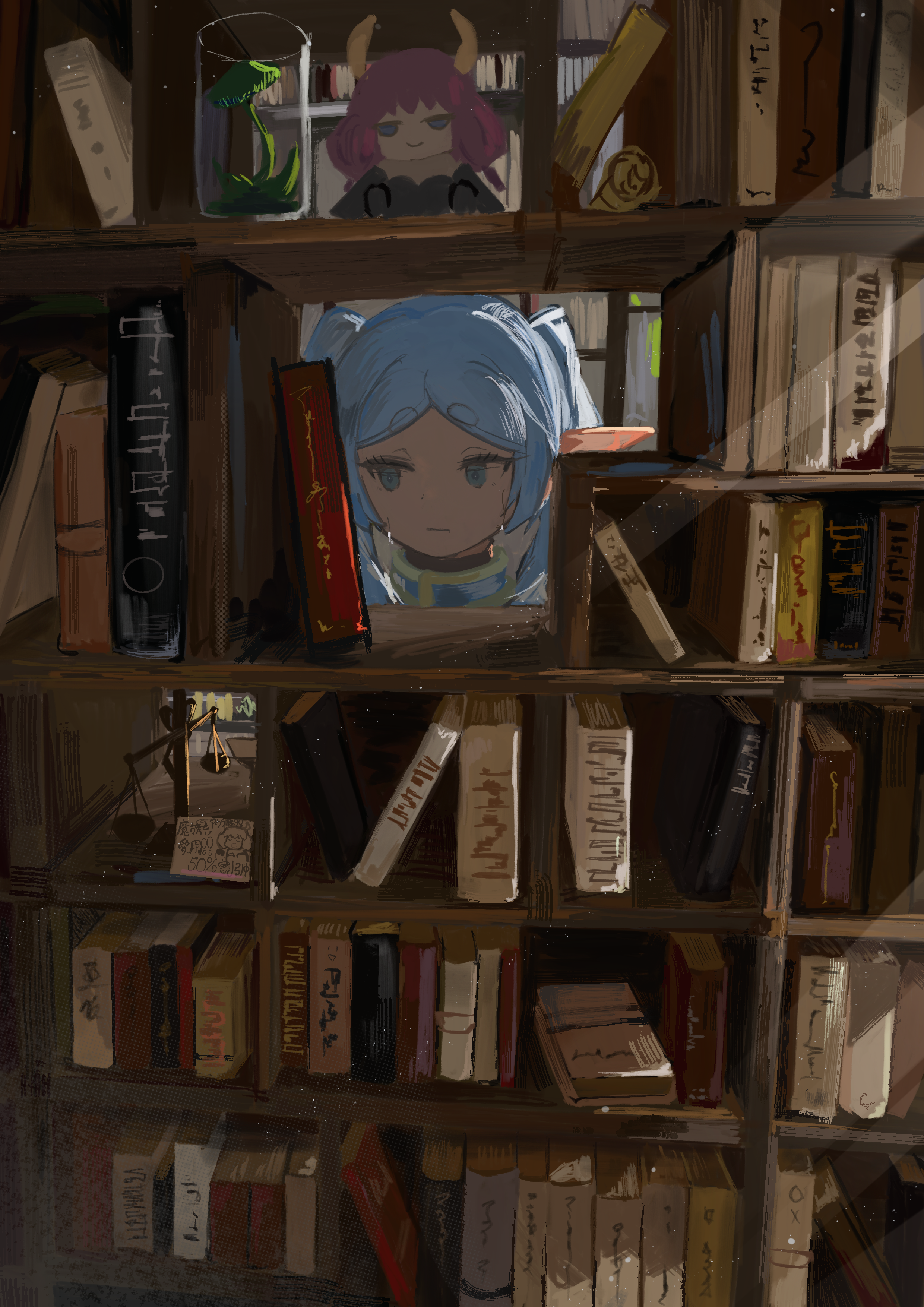 koukouya, aura (sousou no frieren), frieren, sousou no frieren, absurdres, commentary request, highres, translation request, 1girl, :|, balance scale, book, bookshelf, character doll, closed mouth, doll, elf, expressionless, fumo (doll), grey hair, indoors, light particles, light rays, parted bangs, plant, pointy ears, sidelighting, sidelocks, solo, stuffed toy, venus flytrap, weighing scale