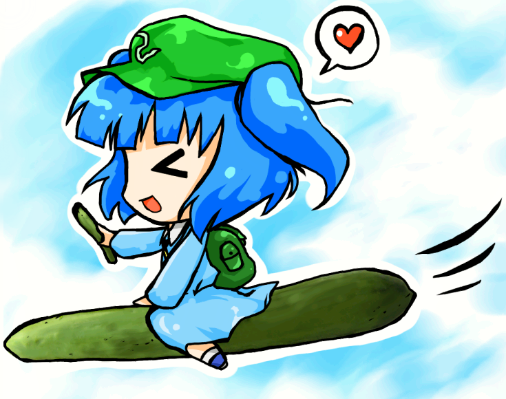 kawashiro nitori, touhou, > <, 1girl, closed eyes, cucumber, female focus, heart, solo, two side up