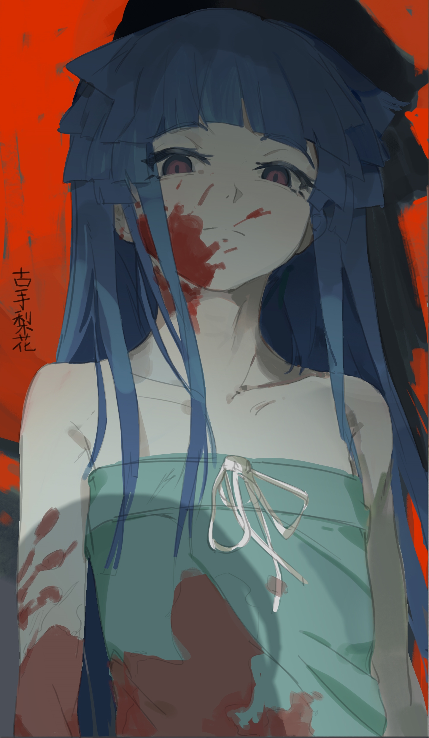 kakiradio, furude rika, higurashi no naku koro ni, absurdres, highres, 1girl, bare arms, bare shoulders, blood, blood on clothes, blood on face, blunt bangs, closed mouth, dress, green dress, long hair, looking at viewer, purple hair, red eyes, sidelocks, sleeveless, sleeveless dress, solo