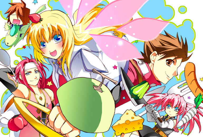 tara kosuki, yashi (tom), colette brunel, kratos aurion, lloyd irving, presea combatir, zelos wilder, tales of (series), tales of symphonia, bad id, bad pixiv id, 00s, 2girls, 3boys, blonde hair, blue eyes, brown eyes, brown hair, cheese, food, fork, knife, long hair, multiple boys, multiple girls, pink hair, red hair, spoon, wings