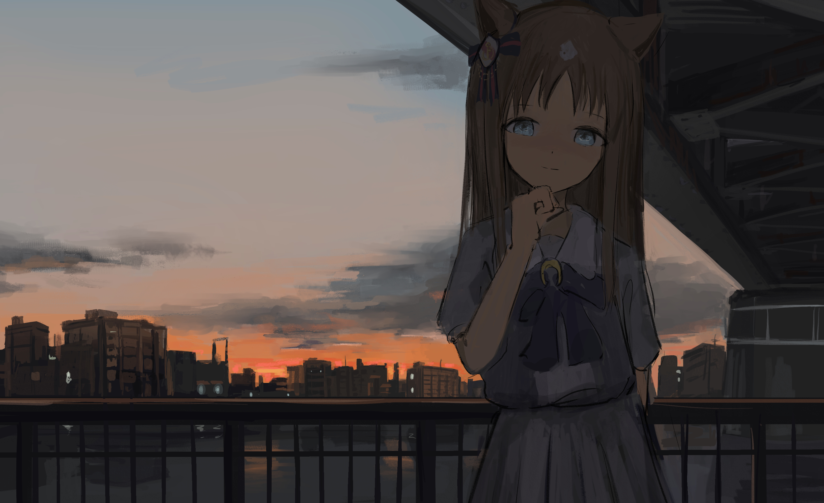 seikatsu, grass wonder (umamusume), umamusume, highres, 1girl, animal ears, blue eyes, blush, bow, bridge, brown hair, closed mouth, horse ears, horse girl, long hair, looking at viewer, ocean, outdoors, purple bow, purple shirt, sailor collar, school uniform, shirt, short sleeves, skirt, skyline, smile, solo, tracen school uniform, white sailor collar, white skirt