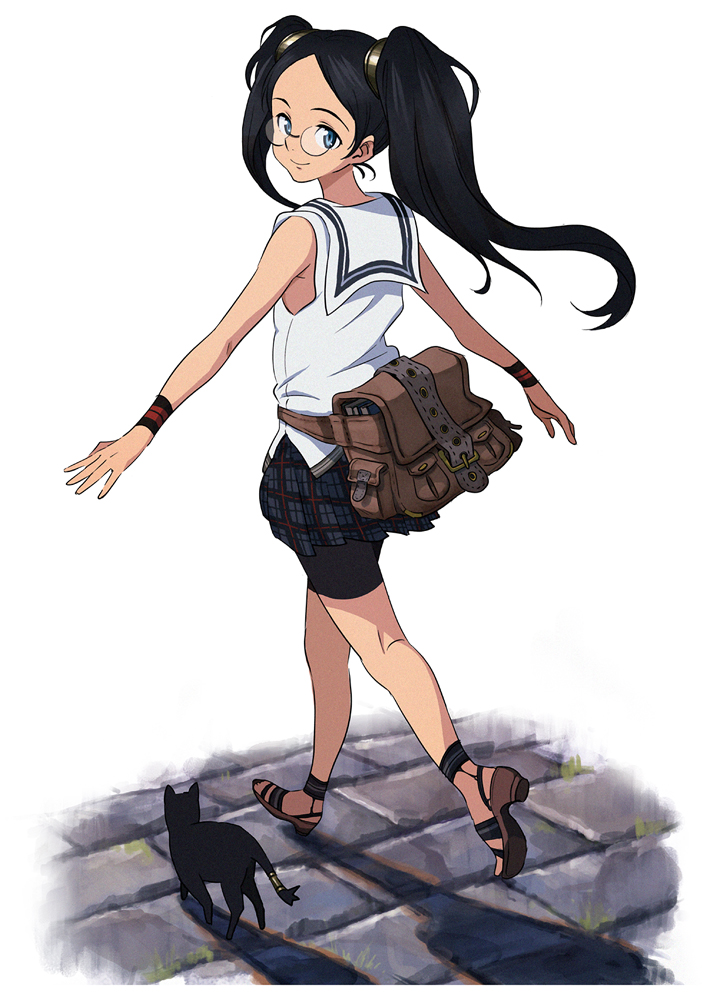 kikuchi, kikuchi (xpoz), animal, bike shorts, black hair, cat, espadrilles, glasses, plaid clothes, plaid skirt, skirt, solo, twintails, walking